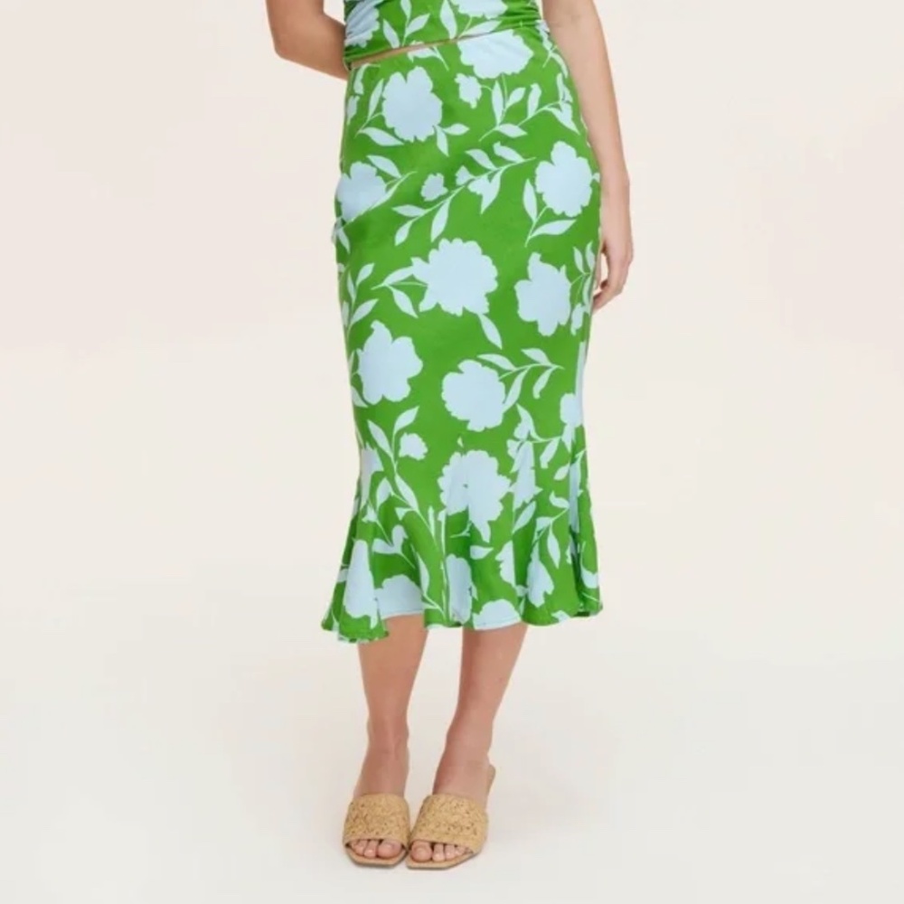 Kate Spade x Target Fit & Flare Green & Blue Floral Linen Midi Skirt Size L